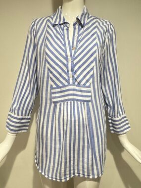 Vineyard Vines Blue White Stripe Popover Tunic Blouse Coastal Size S